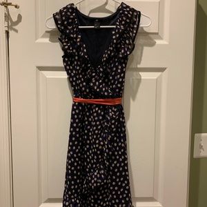 H&M blue with polka dots and orange belt dress 4
